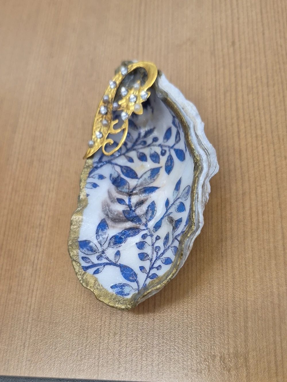 Gold and Blue Floral Oyster Shell Jewelry Dish